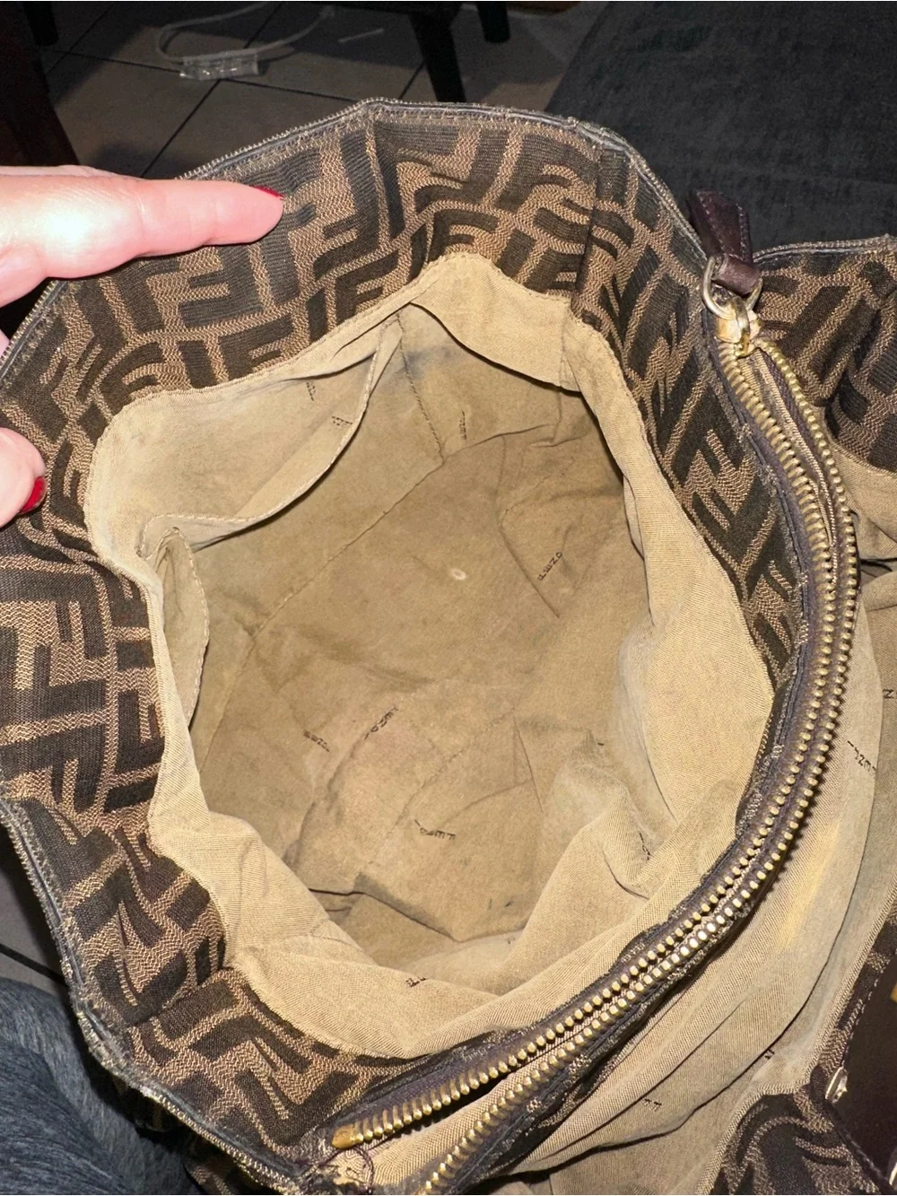 Fendi Brown Zucca Pattern Shoulder Bag with Logo Plaque
